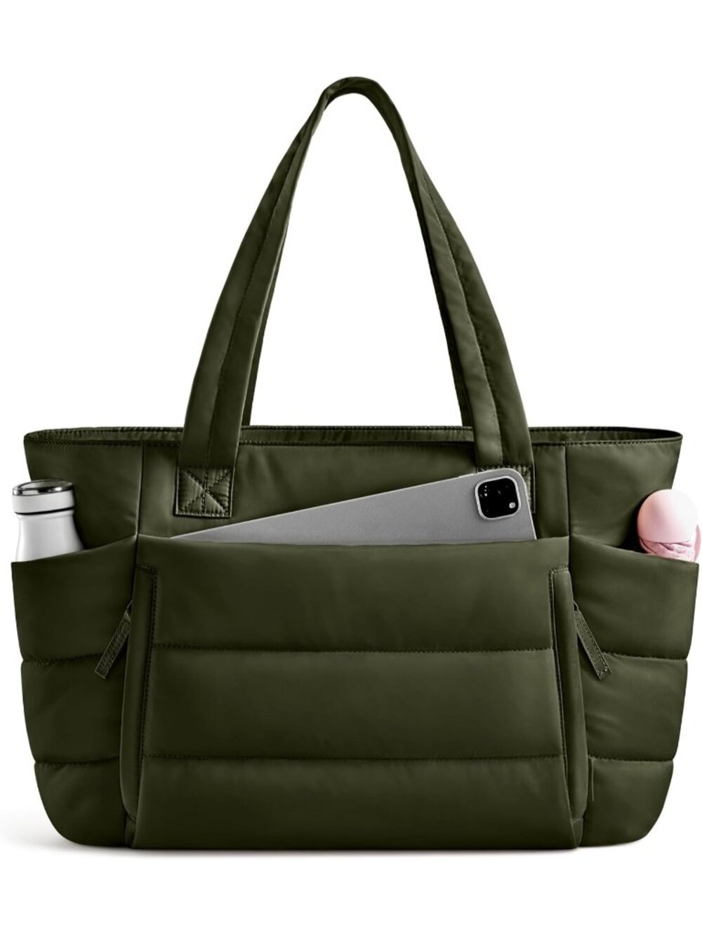 👜Women's Olive Green Quilted Puffer Tote Bag Zipper Work Bag With Compartments